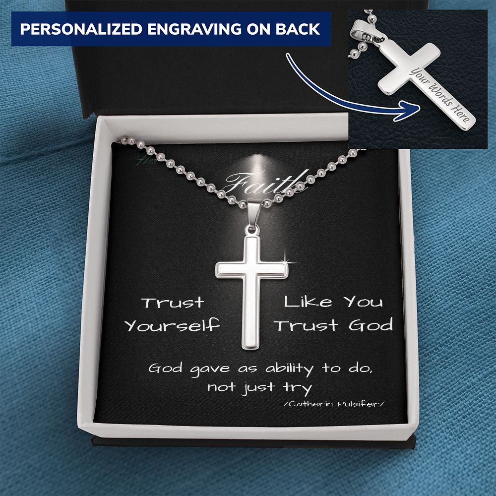 Faith Gift - Cross Necklace - Personalized Cross with Ball Chain - Engraving on Back